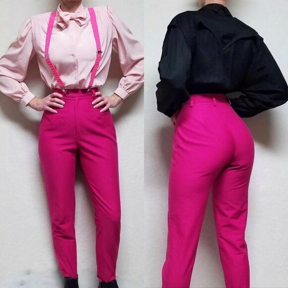 VINTAGE 1980s LizWear Fuschia Hot Pink Ultra High Rise Stirrup Pants Jeans 10 - Picture 1 of 15